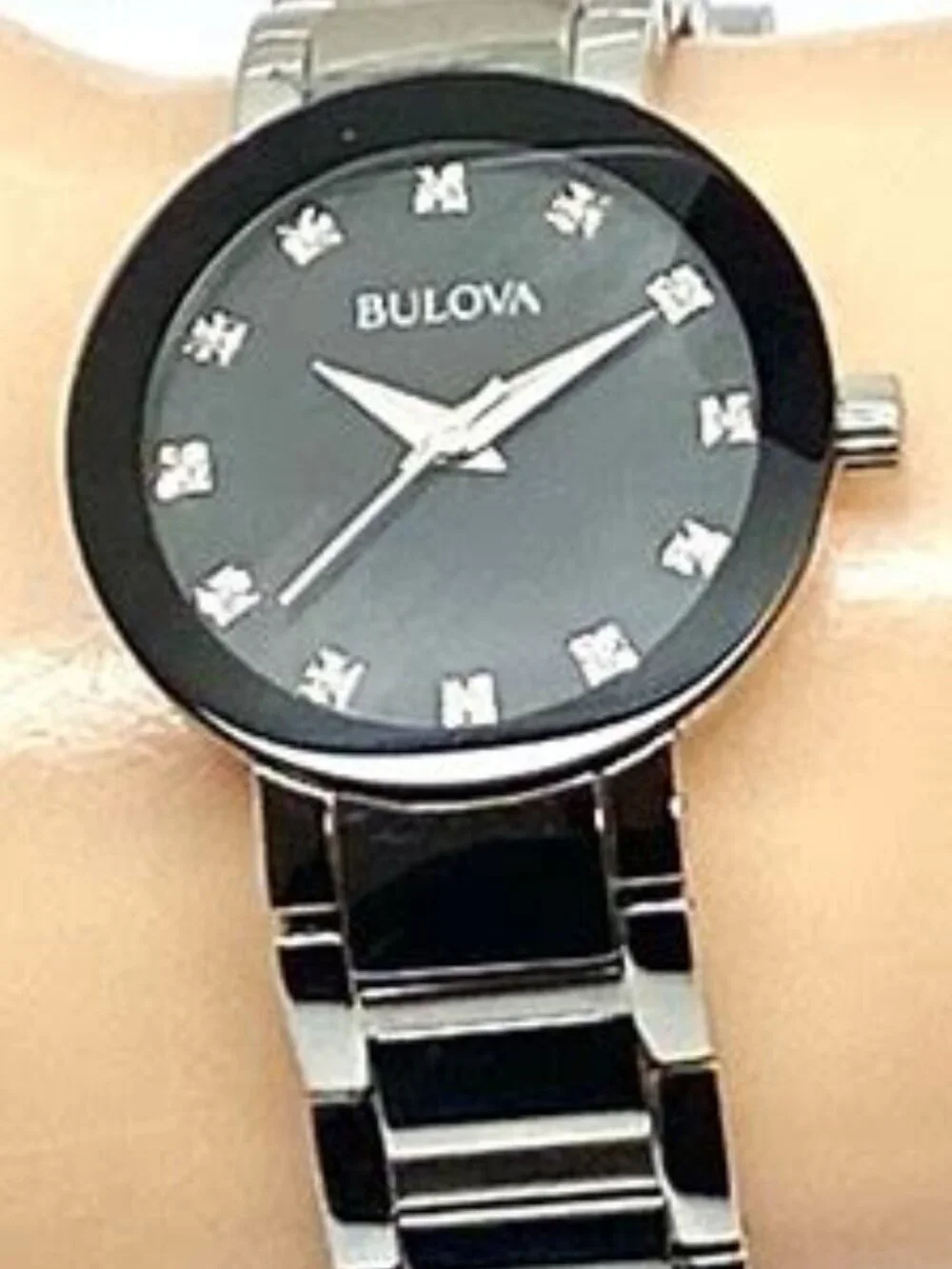 Bulova Ladies' 27mm Watch, Genuine Diamonds, Black Mother-Of-Pearl Face 96P172